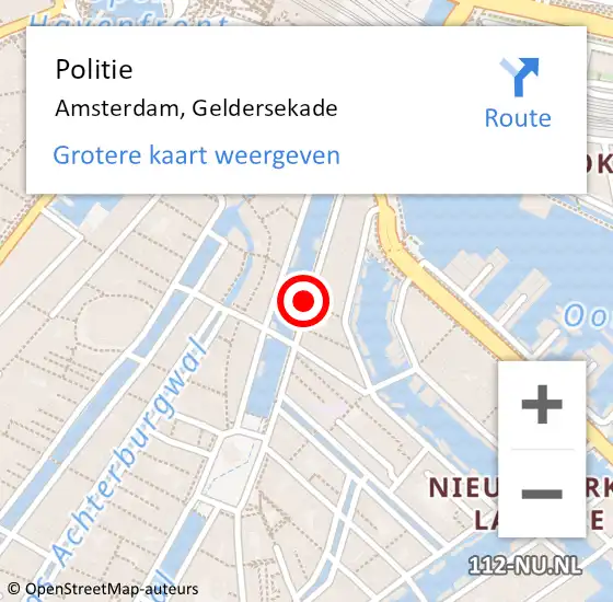 Locatie op kaart van de 112 melding: Politie Amsterdam, Geldersekade op 21 augustus 2018 13:43