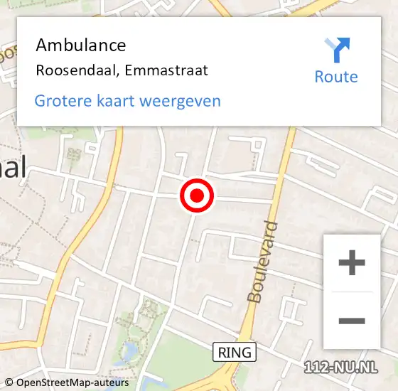 Locatie op kaart van de 112 melding: Ambulance Roosendaal, Wilhelminastraat op 21 augustus 2018 16:57