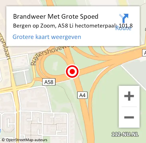 Locatie op kaart van de 112 melding: Brandweer Met Grote Spoed Naar Bergen op Zoom, A58 Li hectometerpaal: 101,8 op 21 augustus 2018 17:16