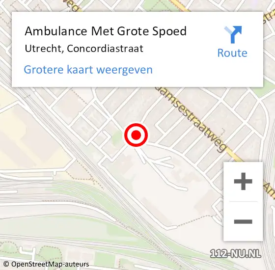 Locatie op kaart van de 112 melding: Ambulance Met Grote Spoed Naar Utrecht, Concordiastraat op 21 augustus 2018 21:30