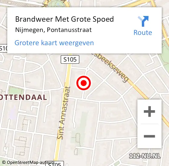 Locatie op kaart van de 112 melding: Brandweer Met Grote Spoed Naar Nijmegen, Pontanusstraat op 21 augustus 2018 22:05