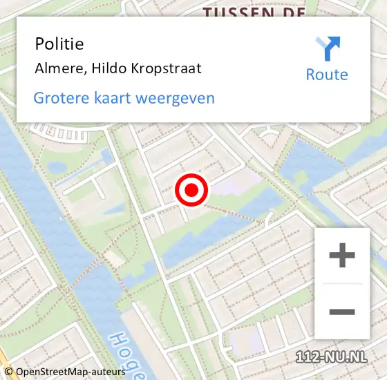 Locatie op kaart van de 112 melding: Politie Almere, Hildo Kropstraat op 21 augustus 2018 22:06