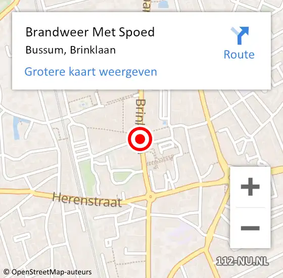 Locatie op kaart van de 112 melding: Brandweer Met Spoed Naar Bussum, Brinklaan op 22 augustus 2018 00:33