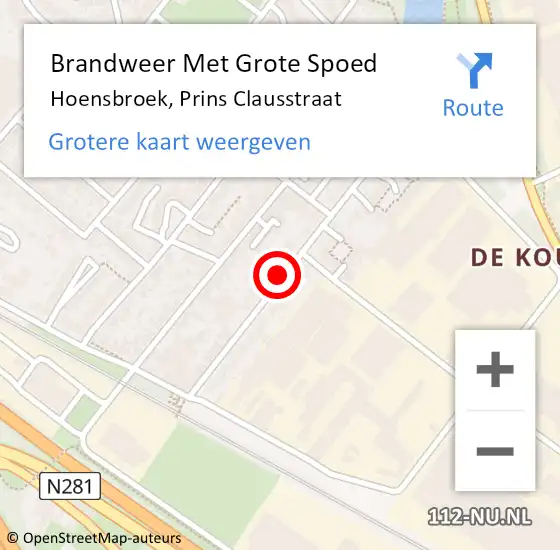 Locatie op kaart van de 112 melding: Brandweer Met Grote Spoed Naar Hoensbroek, Prins Clausstraat op 22 augustus 2018 08:34