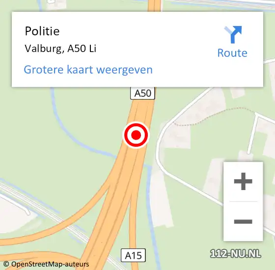 Locatie op kaart van de 112 melding: Politie Valburg, A50 Li op 22 augustus 2018 16:00