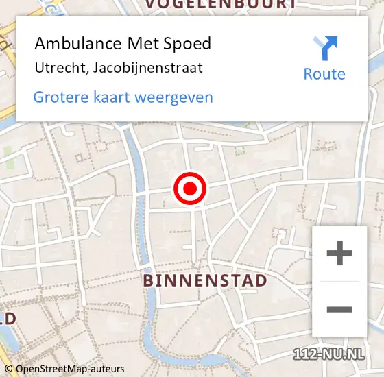 Locatie op kaart van de 112 melding: Ambulance Met Spoed Naar Utrecht, Jacobijnenstraat op 22 augustus 2018 19:34