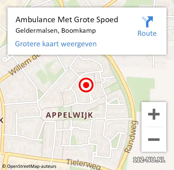 Locatie op kaart van de 112 melding: Ambulance Met Grote Spoed Naar Geldermalsen, Boomkamp op 22 augustus 2018 22:20