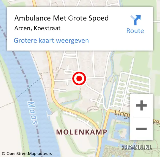 Locatie op kaart van de 112 melding: Ambulance Met Grote Spoed Naar Arcen, Koestraat op 23 augustus 2018 08:13
