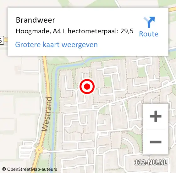 Locatie op kaart van de 112 melding: Brandweer Hoogmade, A4 L hectometerpaal: 29,5 op 24 augustus 2018 16:55