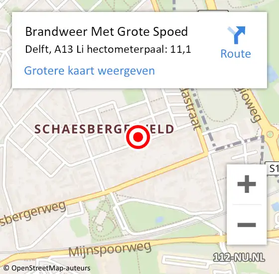 Locatie op kaart van de 112 melding: Brandweer Met Grote Spoed Naar Delft, A13 Li hectometerpaal: 11,1 op 25 augustus 2018 19:10