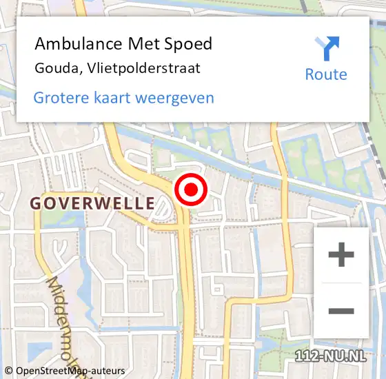 Locatie op kaart van de 112 melding: Ambulance Met Spoed Naar Gouda, Vlietpolderstraat op 25 augustus 2018 22:30