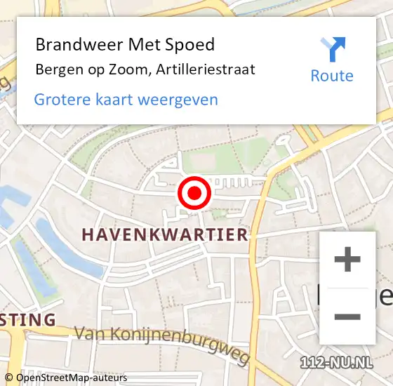 Locatie op kaart van de 112 melding: Brandweer Met Spoed Naar Bergen op Zoom, Artilleriestraat op 27 augustus 2018 06:56