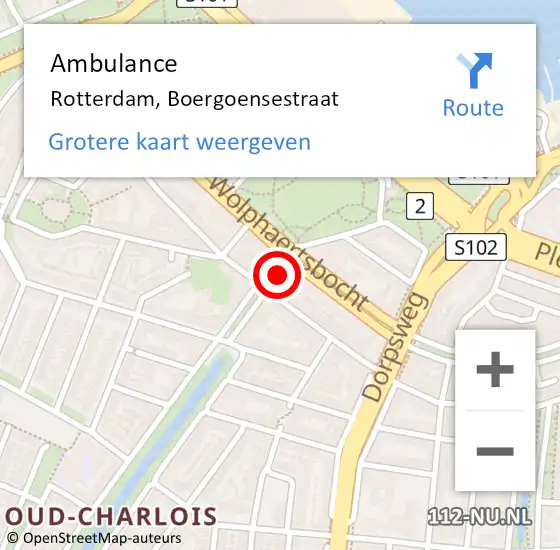 Locatie op kaart van de 112 melding: Ambulance Rotterdam, Boergoensestraat op 27 augustus 2018 13:50