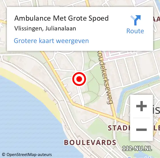 Locatie op kaart van de 112 melding: Ambulance Met Grote Spoed Naar Vlissingen, Julianalaan op 27 augustus 2018 19:58