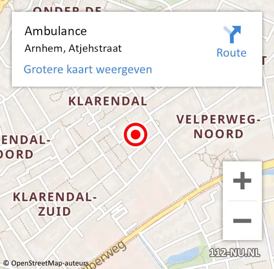 Locatie op kaart van de 112 melding: Ambulance Arnhem, Atjehstraat op 28 augustus 2018 10:20