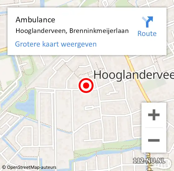 Locatie op kaart van de 112 melding: Ambulance Hooglanderveen, Brenninkmeijerlaan op 28 augustus 2018 14:09