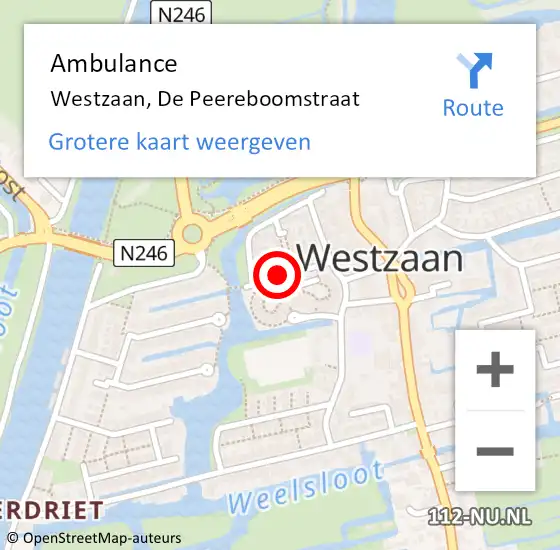 Locatie op kaart van de 112 melding: Ambulance Westzaan, De Peereboomstraat op 28 augustus 2018 19:34