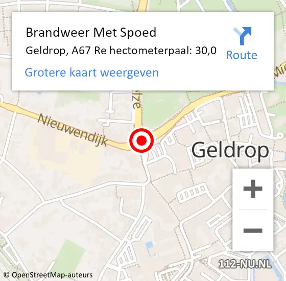 Locatie op kaart van de 112 melding: Brandweer Met Spoed Naar Geldrop, A67 Re hectometerpaal: 30,0 op 28 augustus 2018 22:55