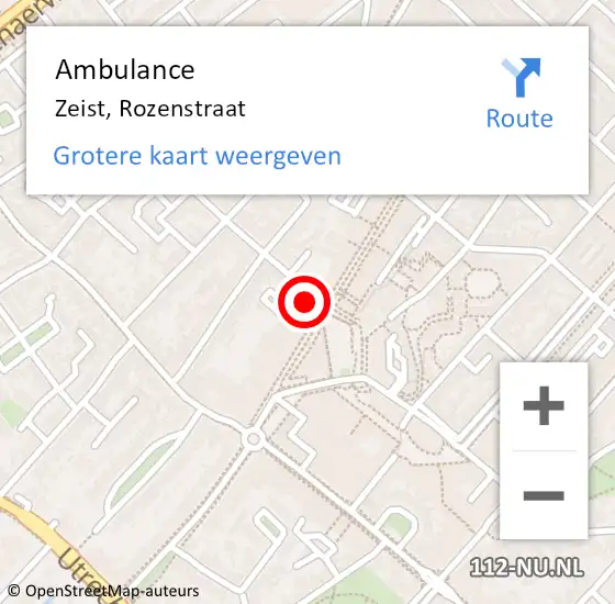 Locatie op kaart van de 112 melding: Ambulance Zeist, Rozenstraat op 29 augustus 2018 21:11