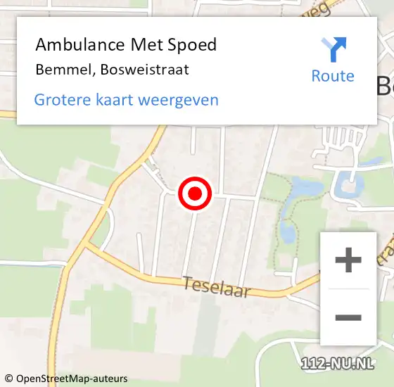 Locatie op kaart van de 112 melding: Ambulance Met Spoed Naar Bemmel, Bosweistraat op 30 augustus 2018 02:07