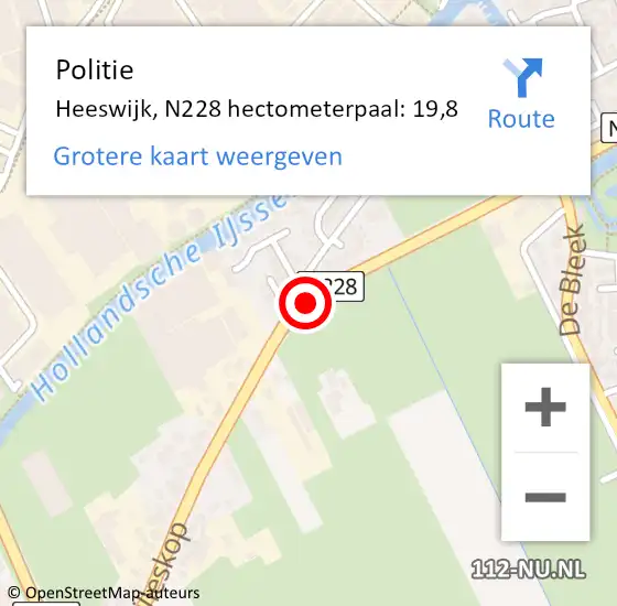 Locatie op kaart van de 112 melding: Politie Heeswijk, N228 hectometerpaal: 19,8 op 7 maart 2014 14:59