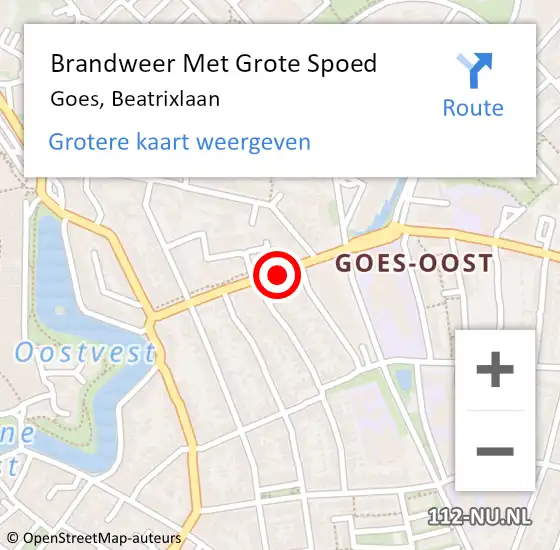 Locatie op kaart van de 112 melding: Brandweer Met Grote Spoed Naar Goes, Beatrixlaan op 1 september 2018 11:58