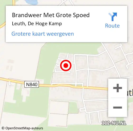 Locatie op kaart van de 112 melding: Brandweer Met Grote Spoed Naar Leuth, De Hoge Kamp op 1 september 2018 22:30