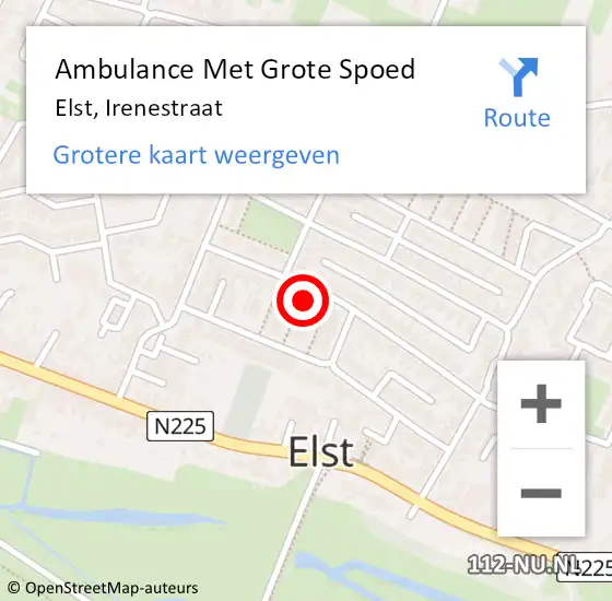 Locatie op kaart van de 112 melding: Ambulance Met Grote Spoed Naar Elst, Irenestraat op 2 september 2018 09:55