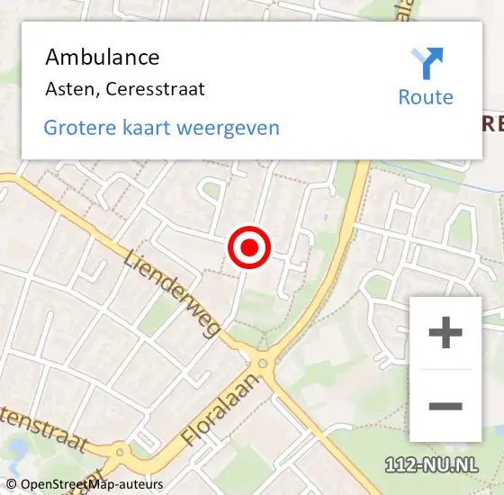 Locatie op kaart van de 112 melding: Ambulance Asten, Ceresstraat op 2 september 2018 21:10