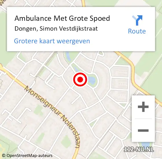 Locatie op kaart van de 112 melding: Ambulance Met Grote Spoed Naar Dongen, Simon Vestdijkstraat op 5 september 2018 19:12
