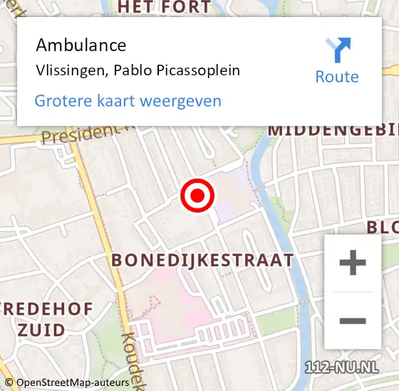 Locatie op kaart van de 112 melding: Ambulance Vlissingen, Pablo Picassoplein op 6 september 2018 10:59
