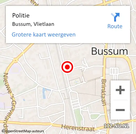 Locatie op kaart van de 112 melding: Politie Bussum, Vlietlaan op 6 september 2018 18:02