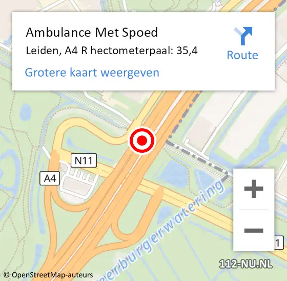 Locatie op kaart van de 112 melding: Ambulance Met Spoed Naar Leiden, A4 R hectometerpaal: 35,4 op 6 september 2018 23:05
