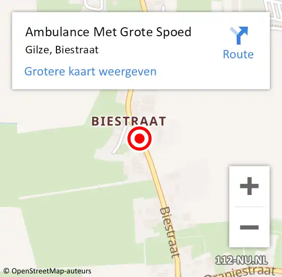 Locatie op kaart van de 112 melding: Ambulance Met Grote Spoed Naar Gilze, Biestraat op 8 september 2018 09:38