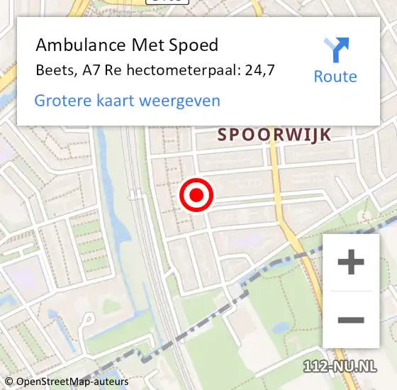 Locatie op kaart van de 112 melding: Ambulance Met Spoed Naar Beets, A7 Re hectometerpaal: 24,7 op 8 september 2018 12:20