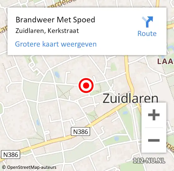 Locatie op kaart van de 112 melding: Brandweer Met Spoed Naar Zuidlaren, Kerkstraat op 8 september 2018 23:24