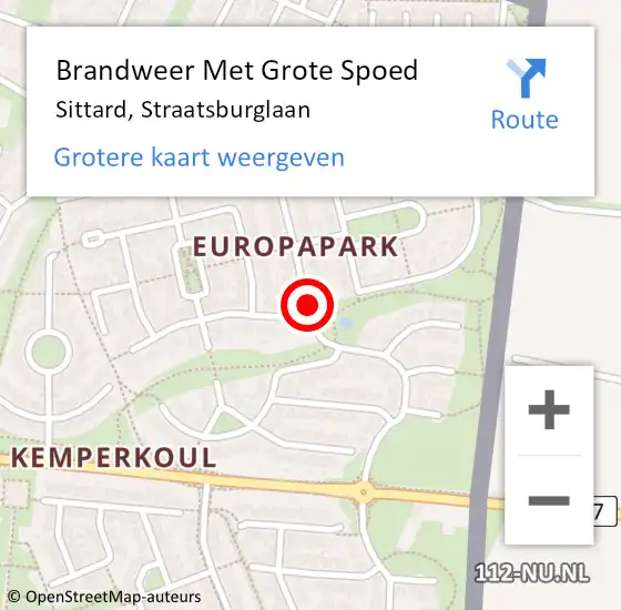 Locatie op kaart van de 112 melding: Brandweer Met Grote Spoed Naar Sittard, Straatsburglaan op 9 september 2018 04:29