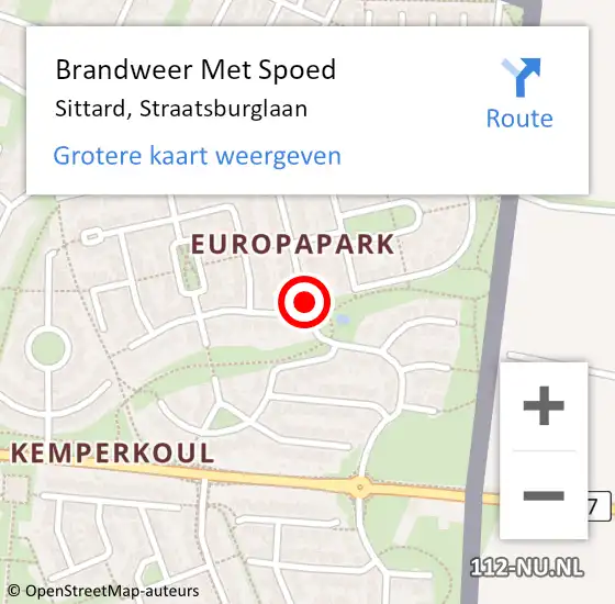 Locatie op kaart van de 112 melding: Brandweer Met Spoed Naar Sittard, Straatsburglaan op 9 september 2018 08:36