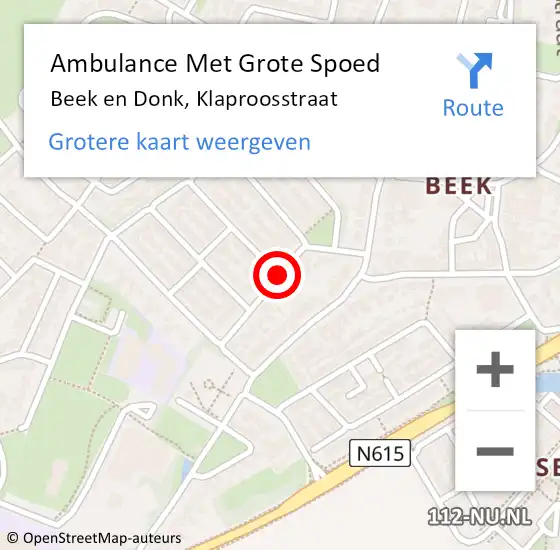 Locatie op kaart van de 112 melding: Ambulance Met Grote Spoed Naar Beek en Donk, Klaproosstraat op 9 september 2018 09:21