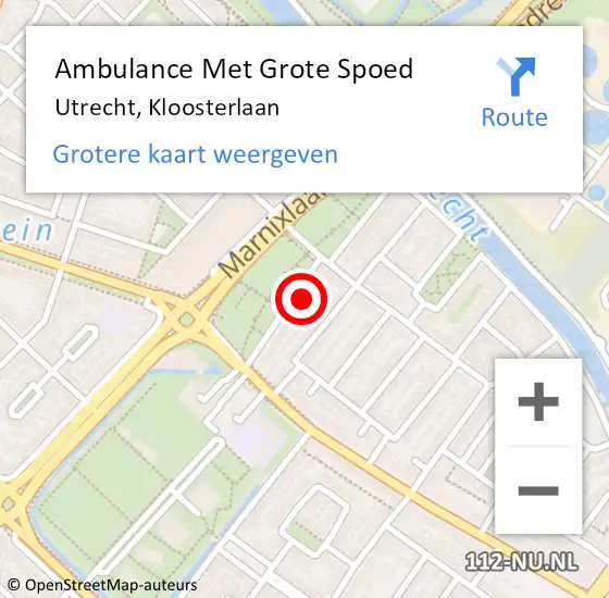 Locatie op kaart van de 112 melding: Ambulance Met Grote Spoed Naar Utrecht, Kloosterlaan op 9 september 2018 16:47