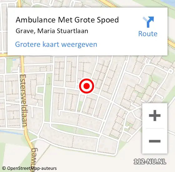 Locatie op kaart van de 112 melding: Ambulance Met Grote Spoed Naar Grave, Maria Stuartlaan op 9 september 2018 20:29