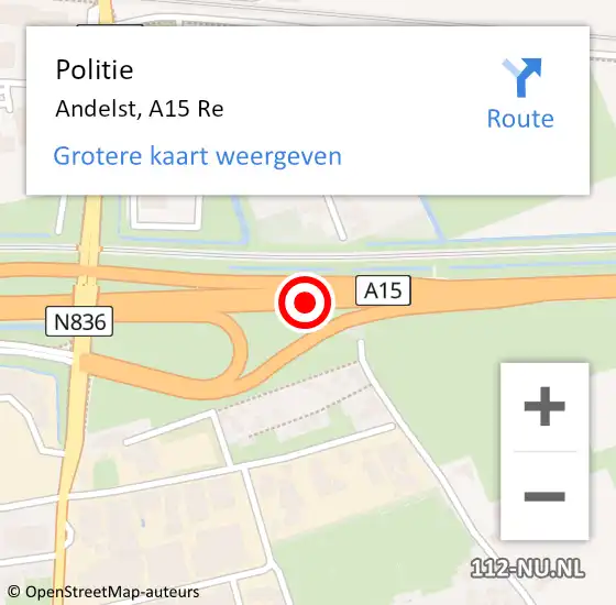 Locatie op kaart van de 112 melding: Politie Andelst, A15 Re op 10 september 2018 07:14
