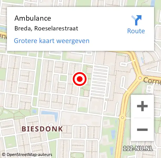 Locatie op kaart van de 112 melding: Ambulance Breda, Roeselarestraat op 10 september 2018 18:39