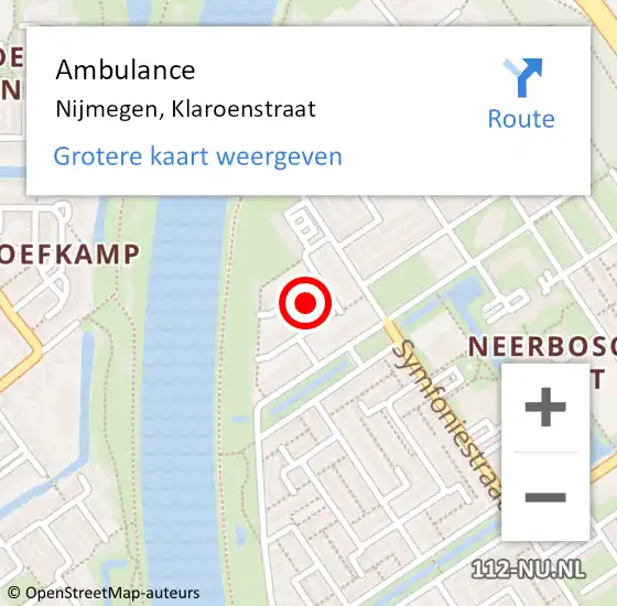 Locatie op kaart van de 112 melding: Ambulance Nijmegen, Klaroenstraat op 12 september 2018 12:15