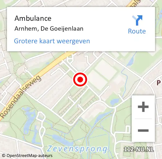 Locatie op kaart van de 112 melding: Ambulance Arnhem, De Goeijenlaan op 12 september 2018 13:26