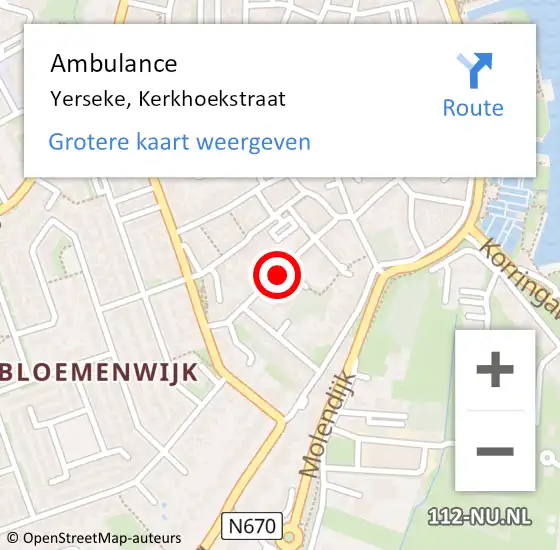 Locatie op kaart van de 112 melding: Ambulance Yerseke, Kerkhoekstraat op 13 september 2018 12:50