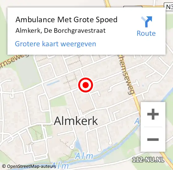 Locatie op kaart van de 112 melding: Ambulance Met Grote Spoed Naar Almkerk, De Borchgravestraat op 13 september 2018 18:21