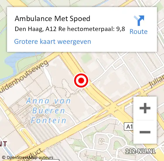 Locatie op kaart van de 112 melding: Ambulance Met Spoed Naar Den Haag, A12 Re hectometerpaal: 9,8 op 14 september 2018 08:19