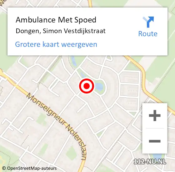 Locatie op kaart van de 112 melding: Ambulance Met Spoed Naar Dongen, Simon Vestdijkstraat op 14 september 2018 21:58