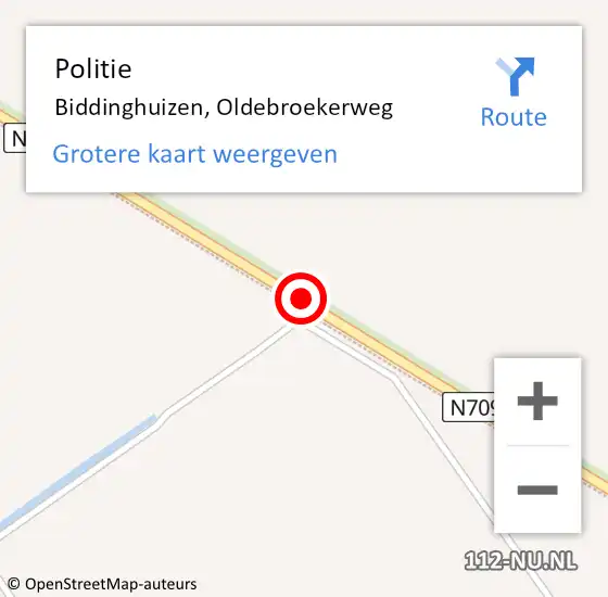 Locatie op kaart van de 112 melding: Politie Biddinghuizen, Oldebroekerweg op 15 september 2018 11:24